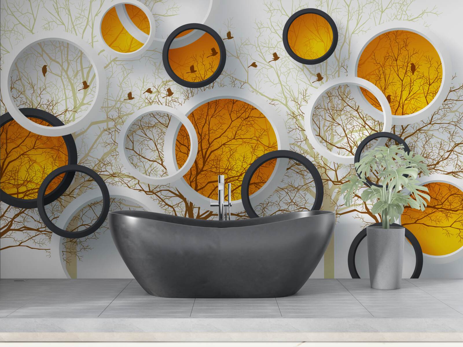 Fototapet copaci în toamnă și cercuri albe ca zăpada cu chihlimbar