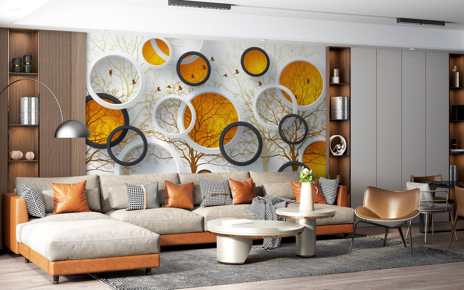 Fototapet copaci în toamnă și cercuri albe ca zăpada cu chihlimbar