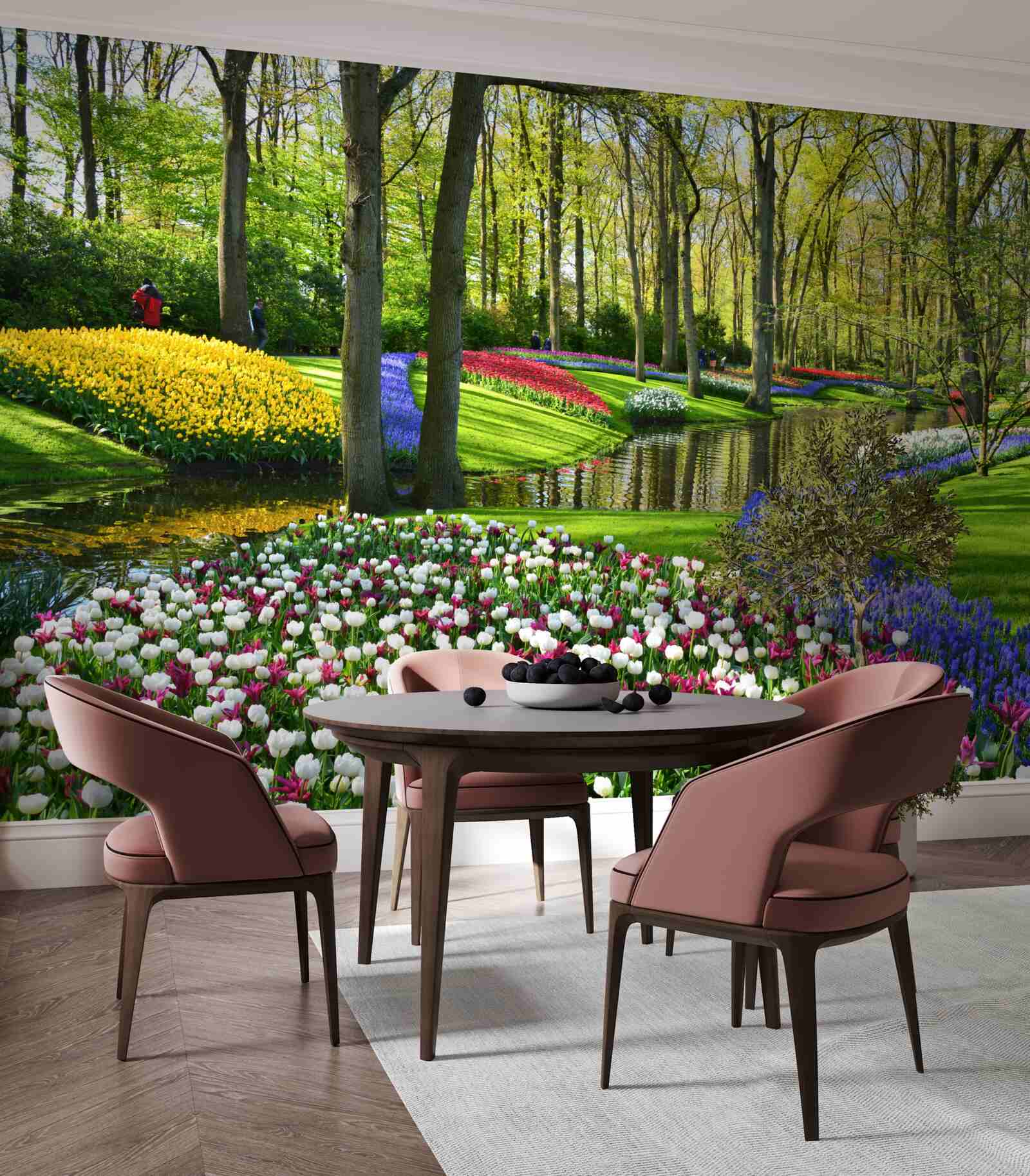 Fototapet cale minunată cu lalele lângă apă