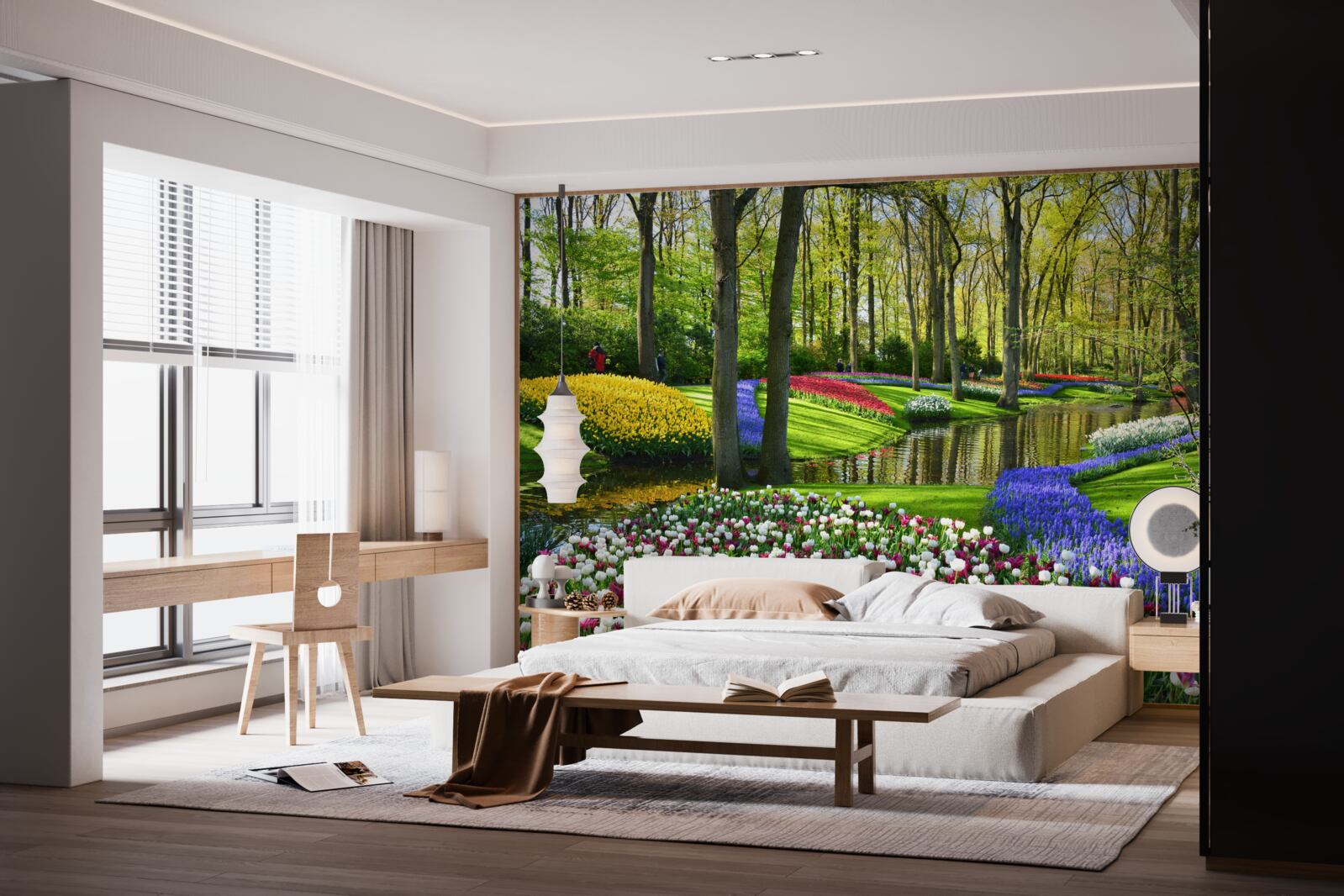 Fototapet cale minunată cu lalele lângă apă