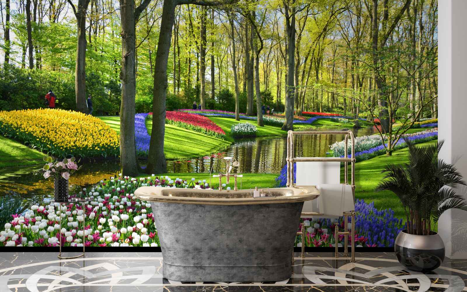 Fototapet cale minunată cu lalele lângă apă