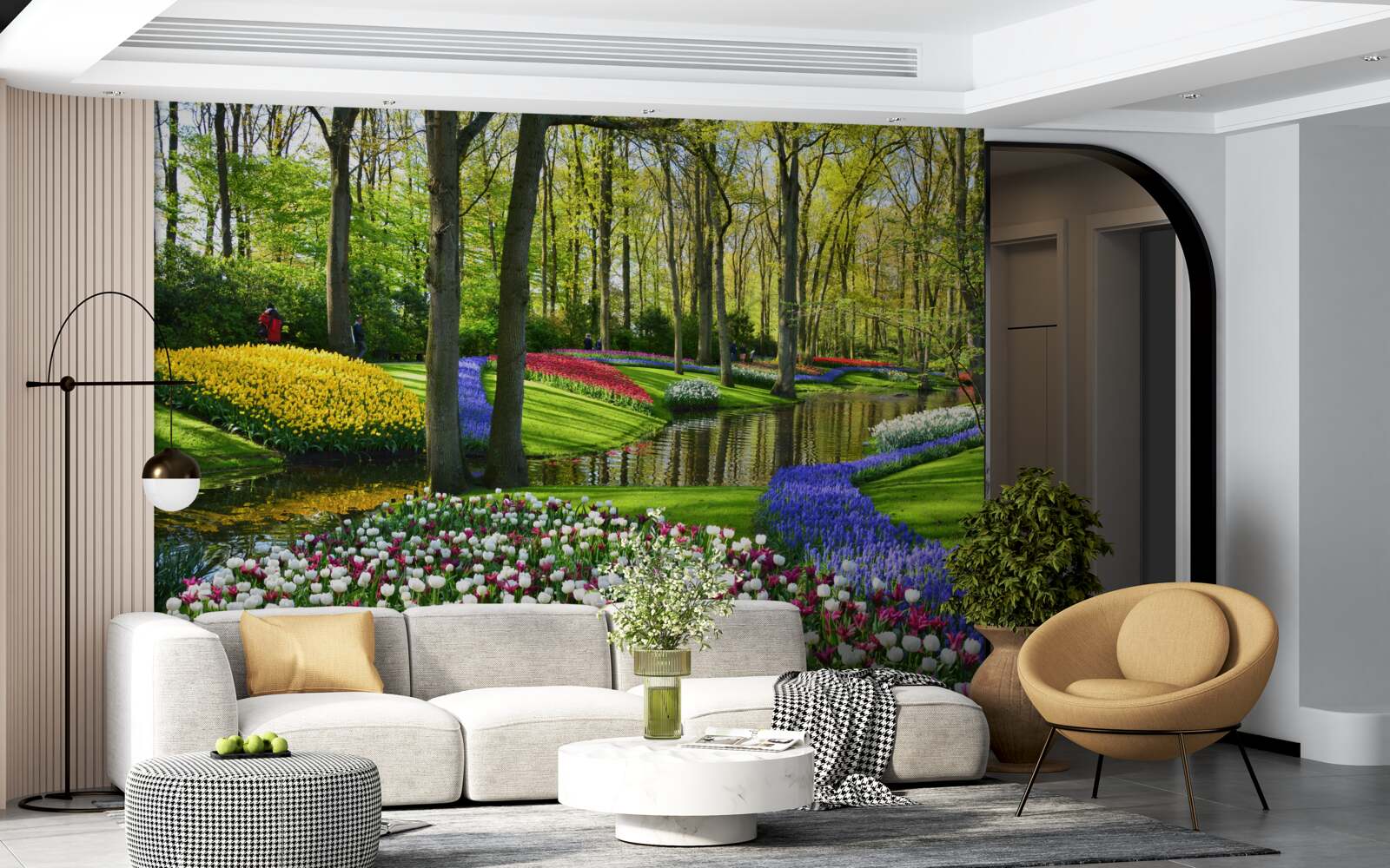 Fototapet cale minunată cu lalele lângă apă