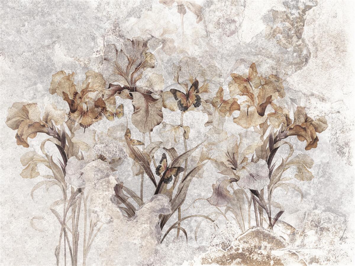 Fototapet frunze de toamnă ascunse în ceață și fluturi