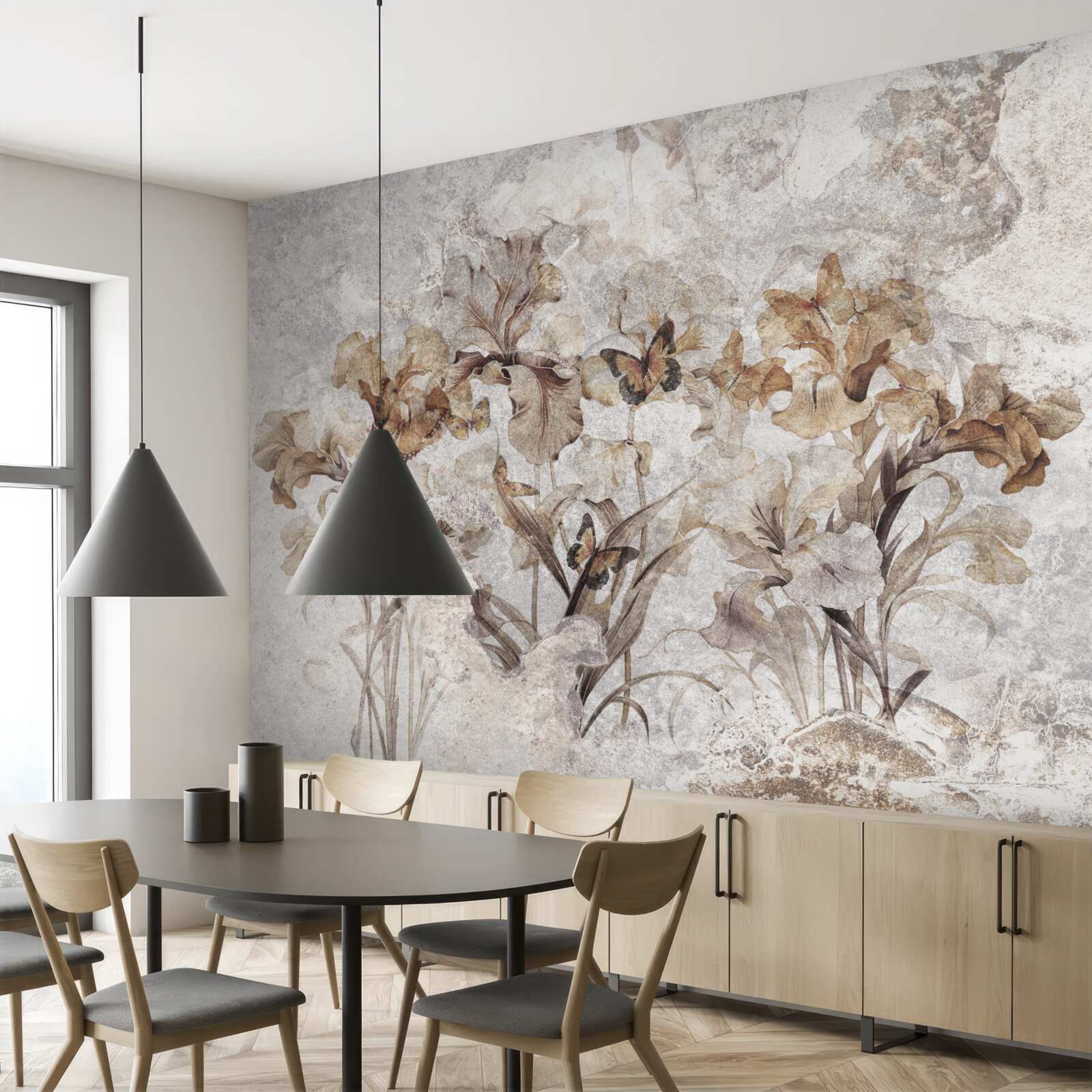 Fototapet frunze de toamnă ascunse în ceață și fluturi