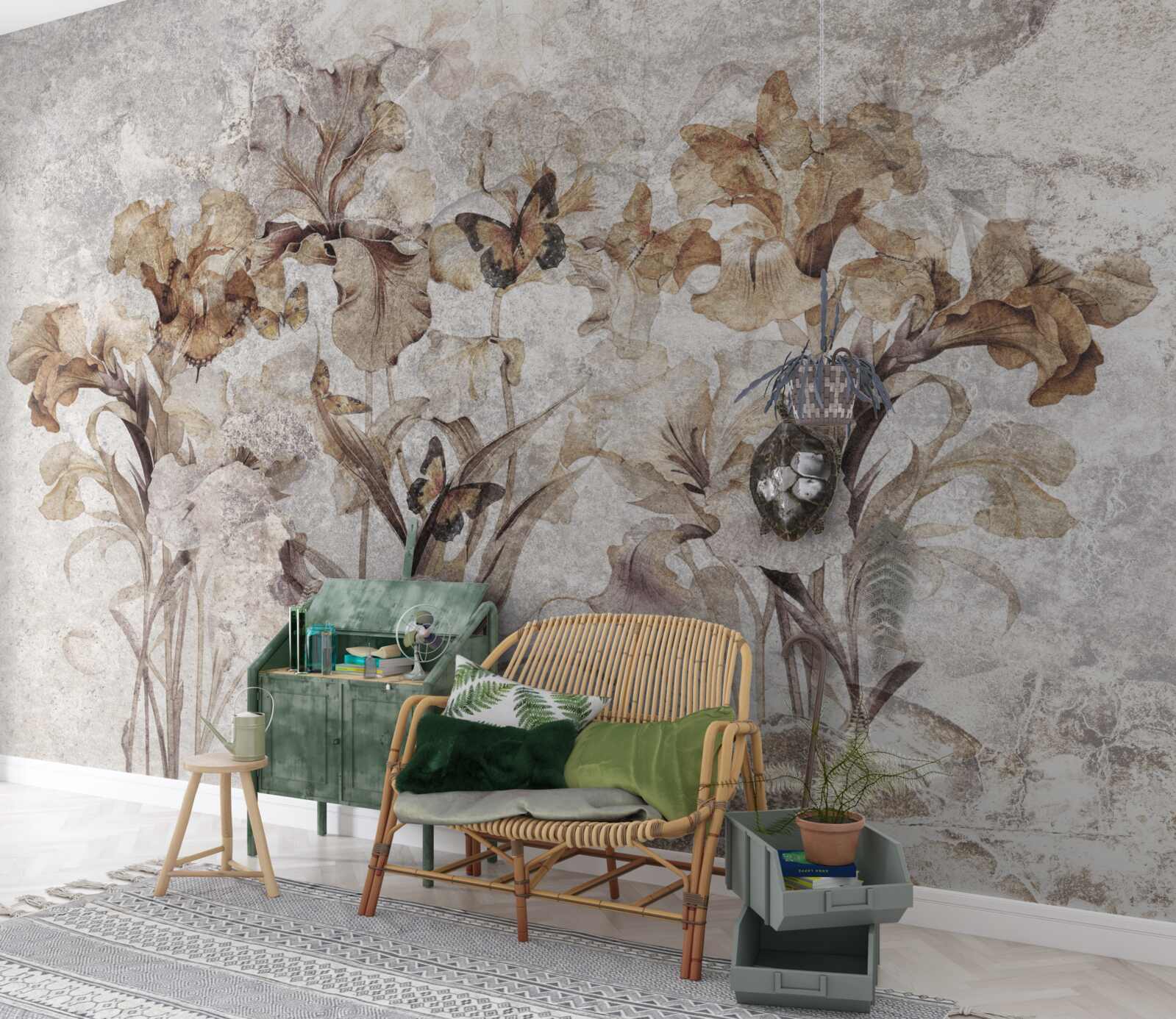 Fototapet frunze de toamnă ascunse în ceață și fluturi