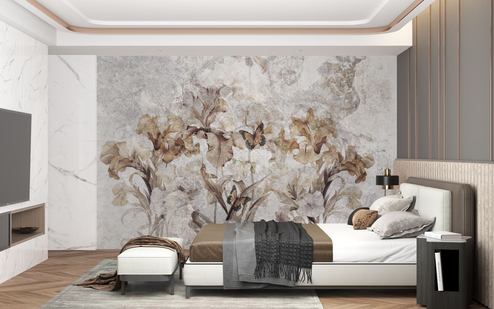 Fototapet frunze de toamnă ascunse în ceață și fluturi