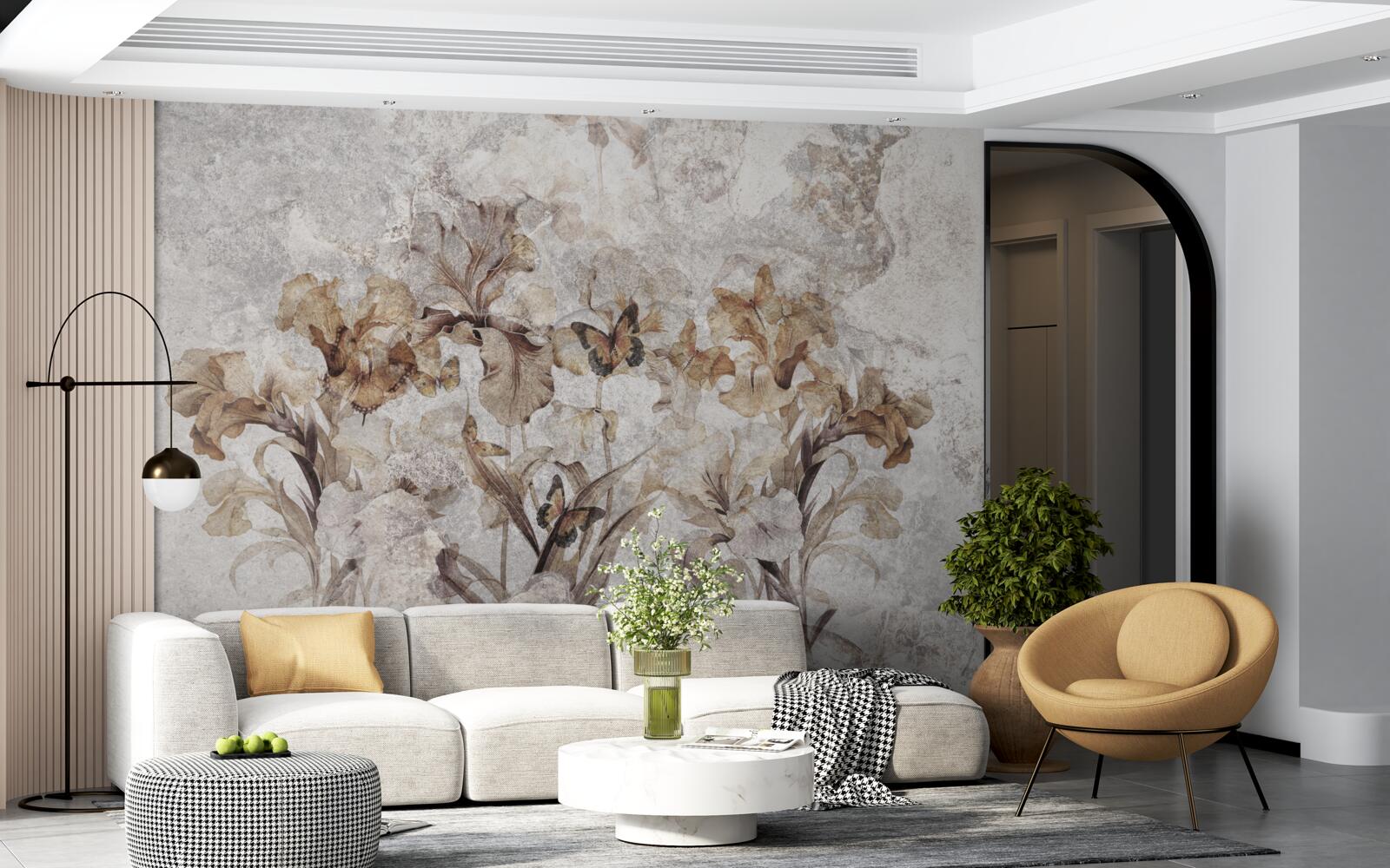 Fototapet frunze de toamnă ascunse în ceață și fluturi