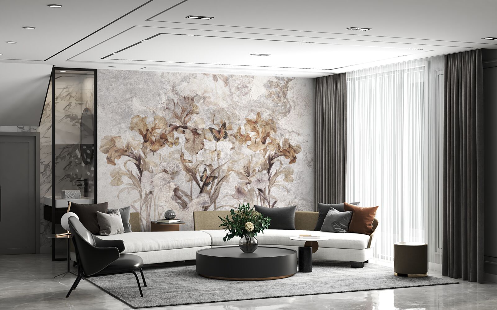 Fototapet frunze de toamnă ascunse în ceață și fluturi