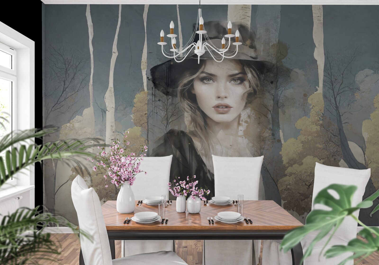 Fototapet rezumat de fată în pădure cu o pălărie