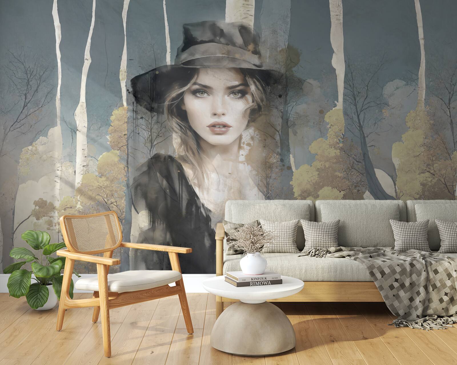 Fototapet rezumat de fată în pădure cu o pălărie