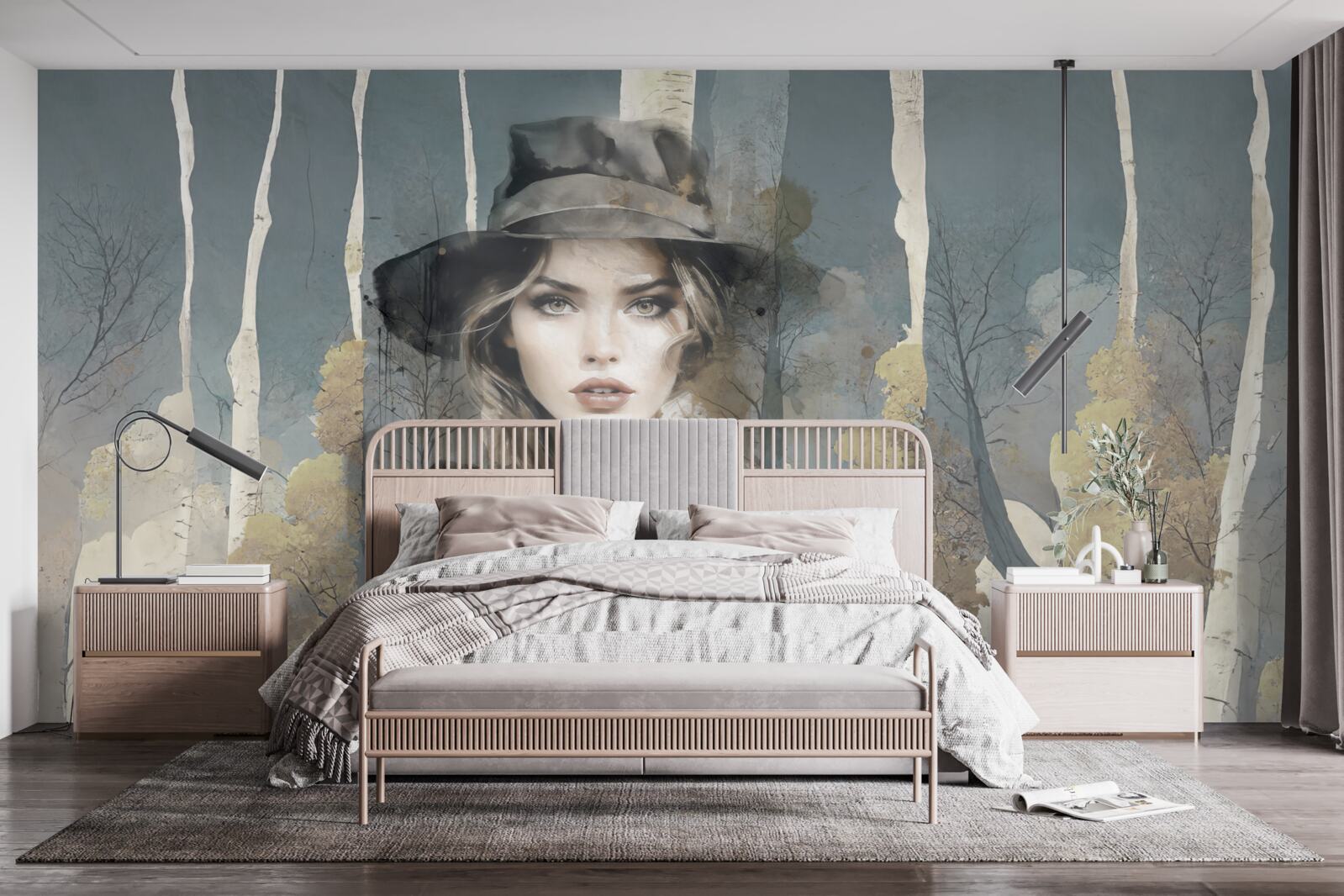 Fototapet rezumat de fată în pădure cu o pălărie