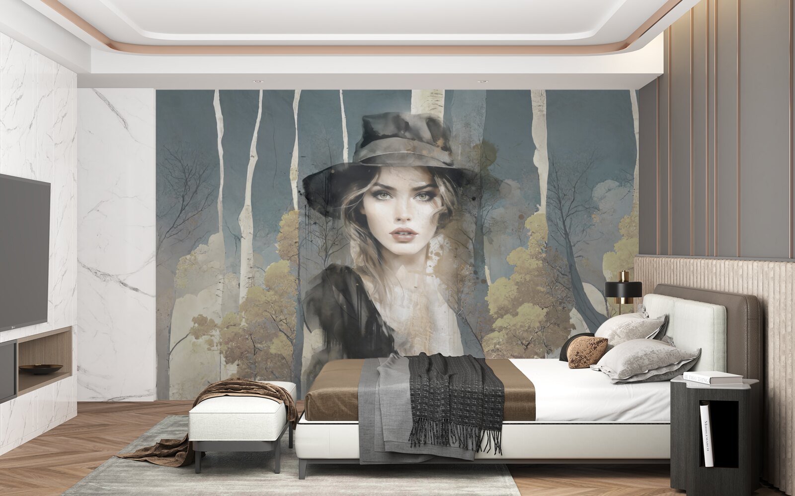 Fototapet rezumat de fată în pădure cu o pălărie