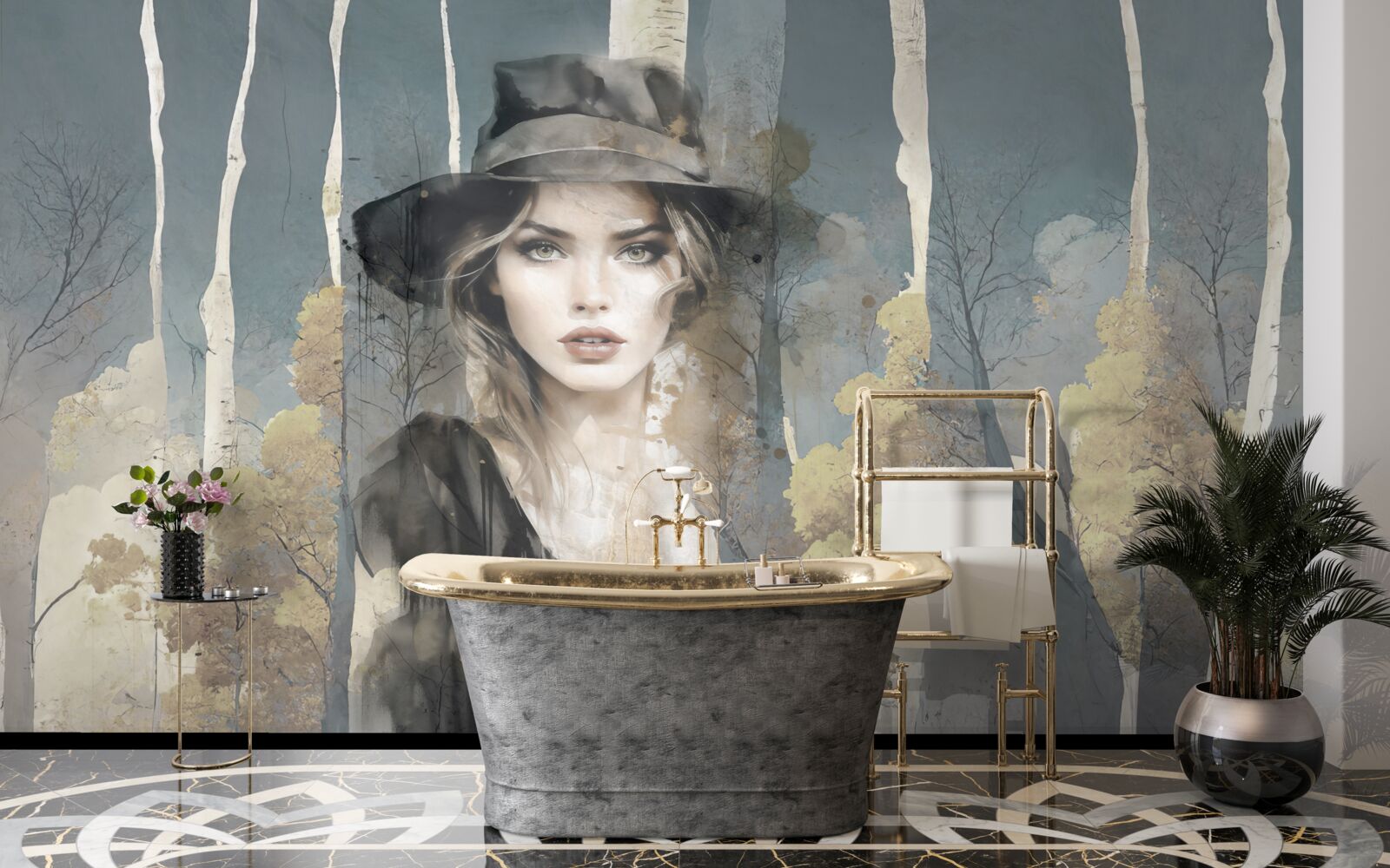 Fototapet rezumat de fată în pădure cu o pălărie