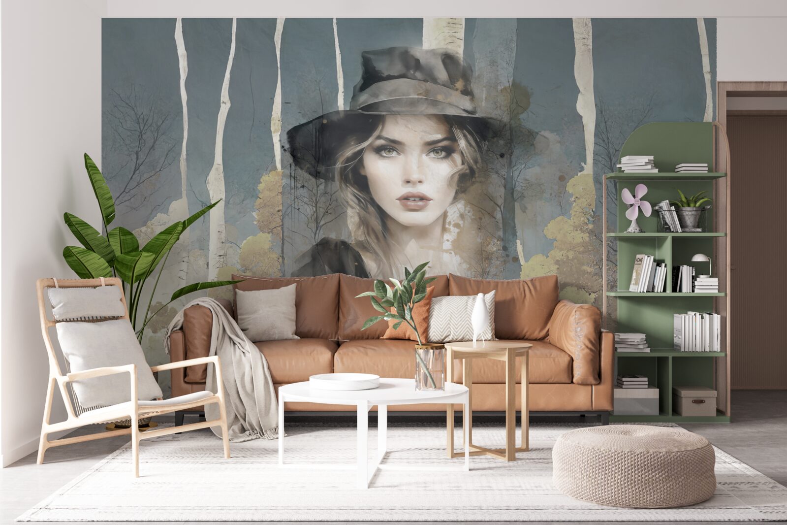 Fototapet rezumat de fată în pădure cu o pălărie