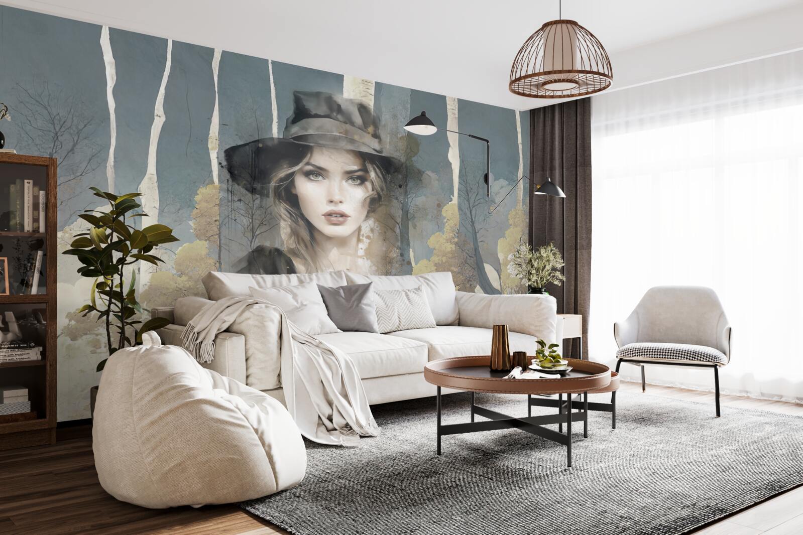 Fototapet rezumat de fată în pădure cu o pălărie