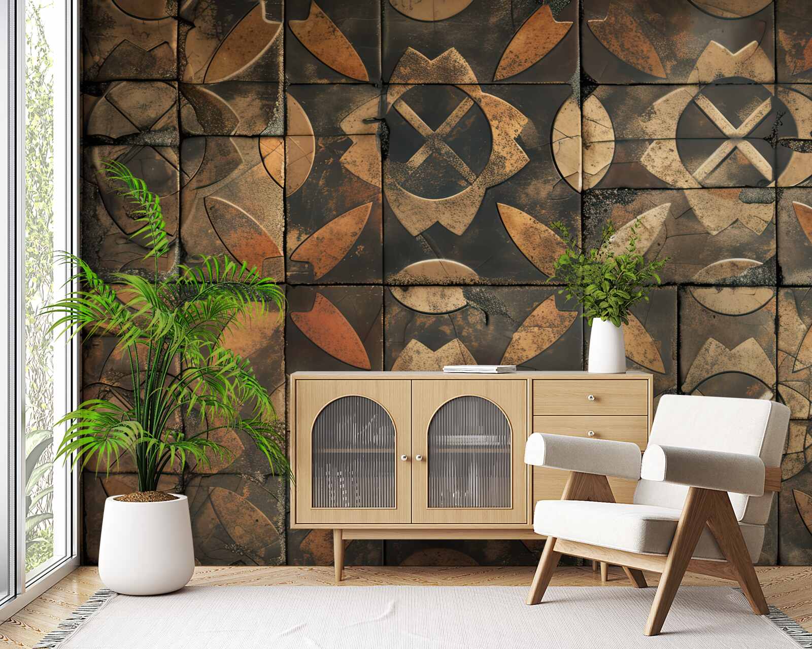 Fototapet compoziție geometrică cu elemente de frunze