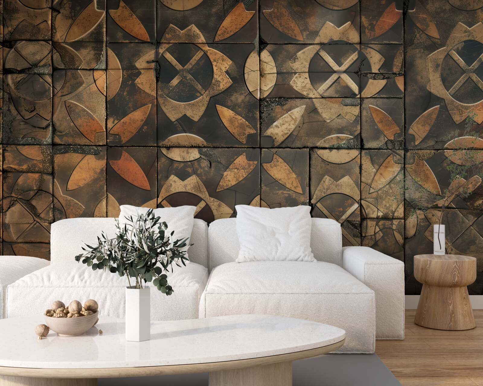 Fototapet compoziție geometrică cu elemente de frunze