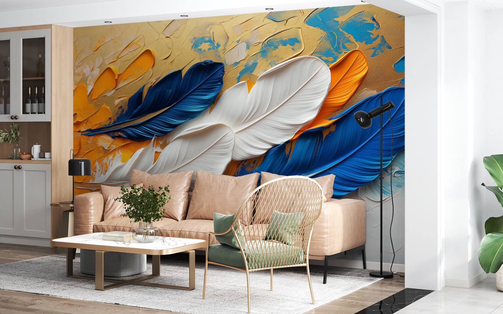 Fototapet vopsea cu pene albe și albastre