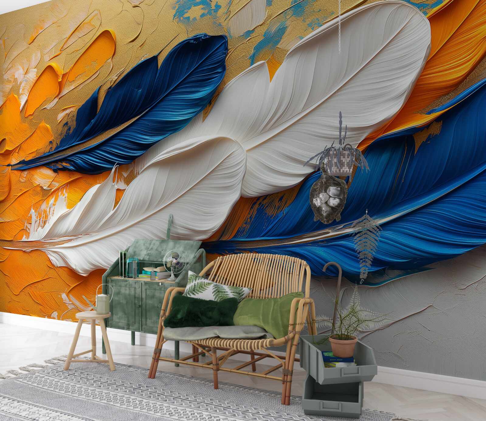 Fototapet vopsea cu pene albe și albastre