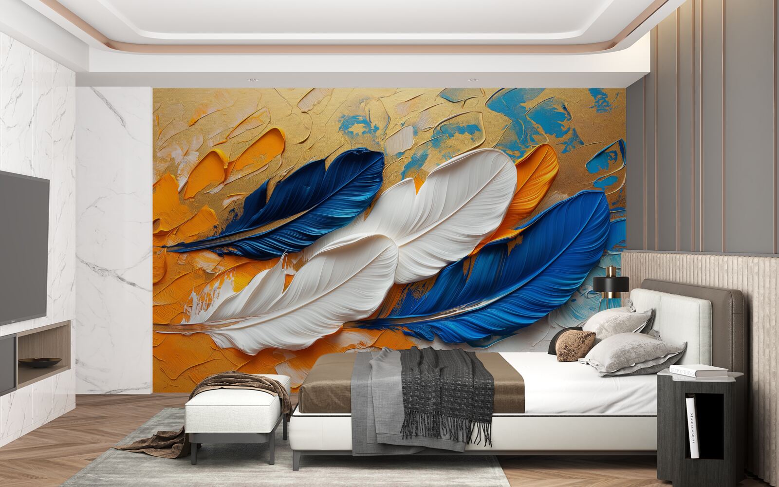 Fototapet vopsea cu pene albe și albastre