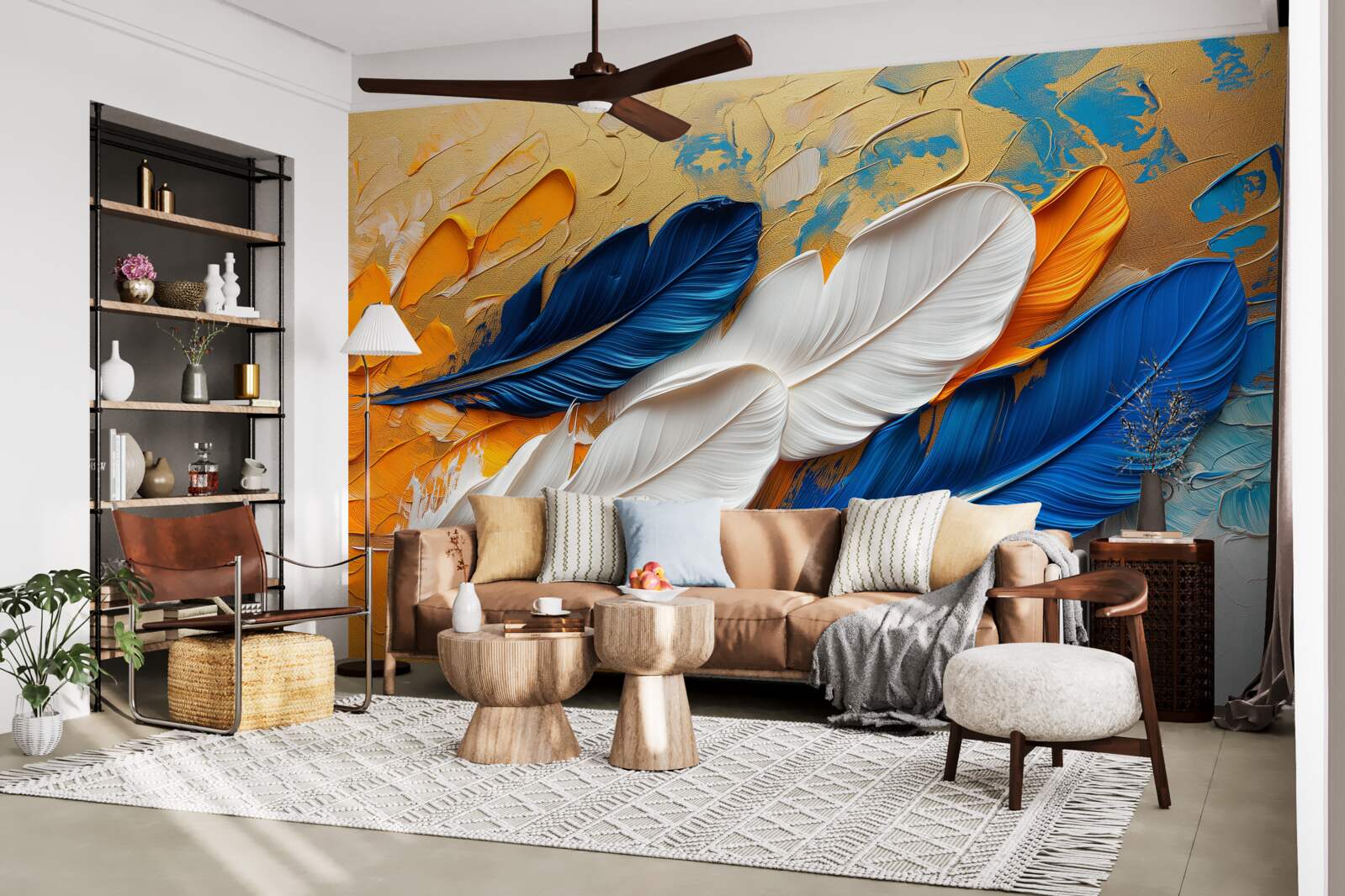 Fototapet vopsea cu pene albe și albastre