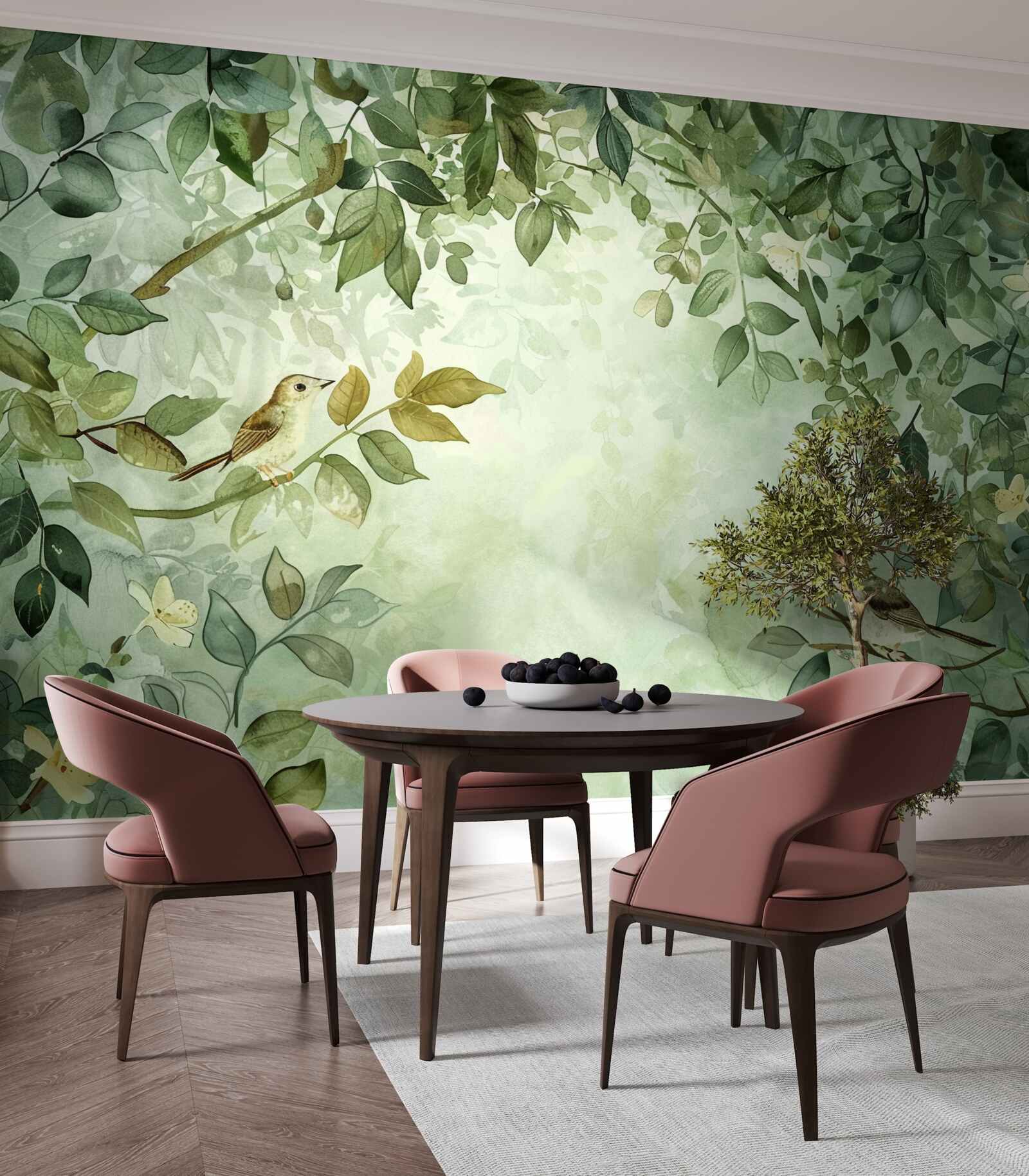 Fototapet păsări printre frunzele verzi ale copacilor