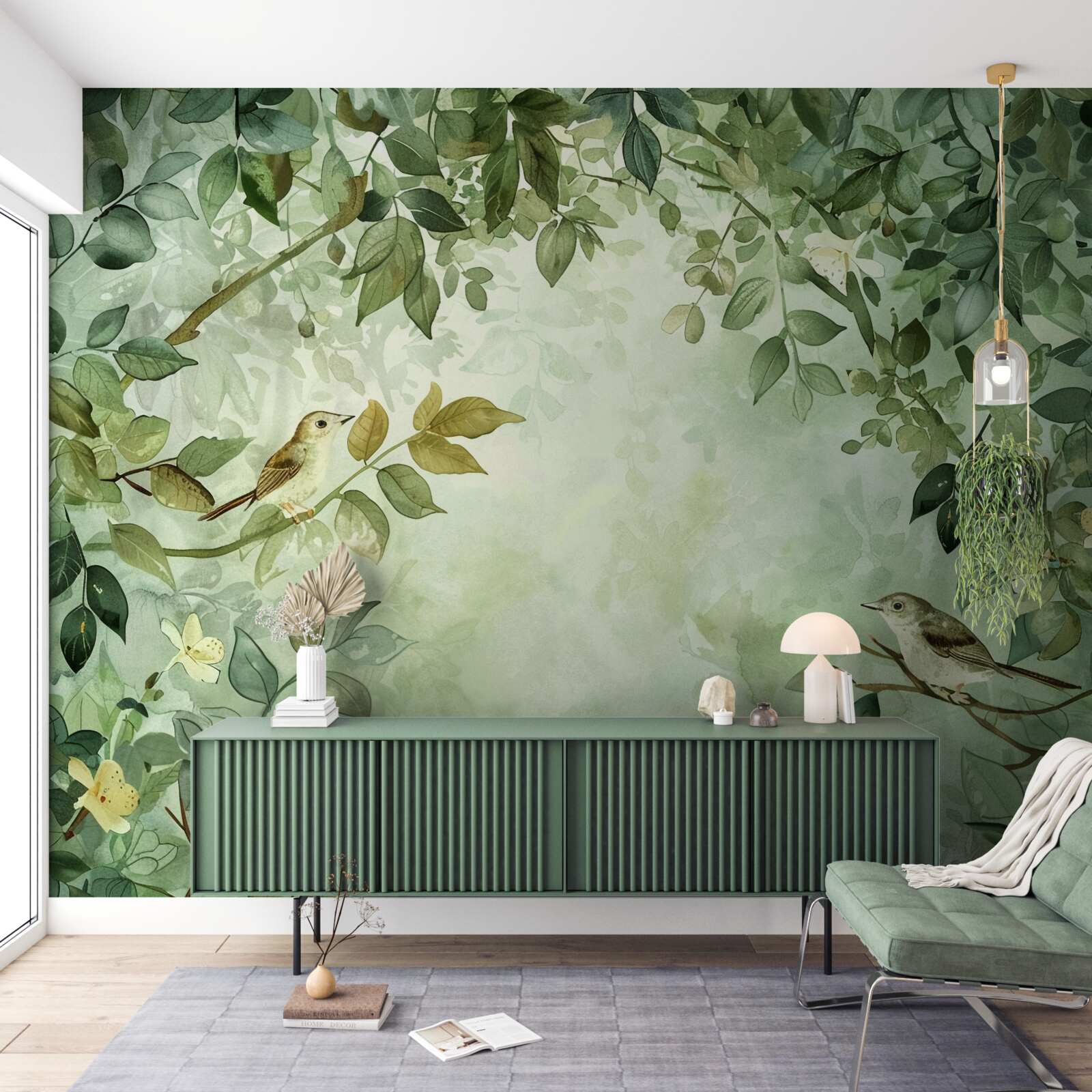 Fototapet păsări printre frunzele verzi ale copacilor