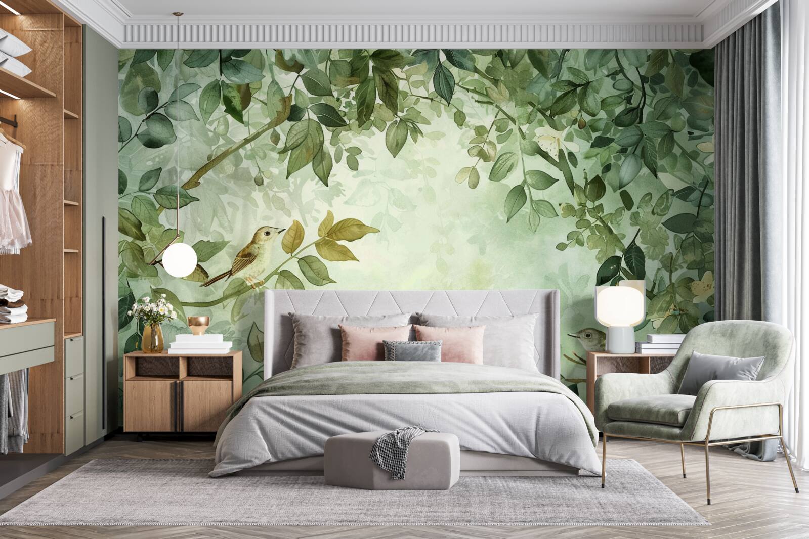 Fototapet păsări printre frunzele verzi ale copacilor