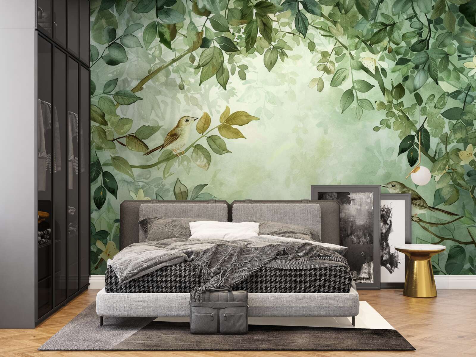 Fototapet păsări printre frunzele verzi ale copacilor