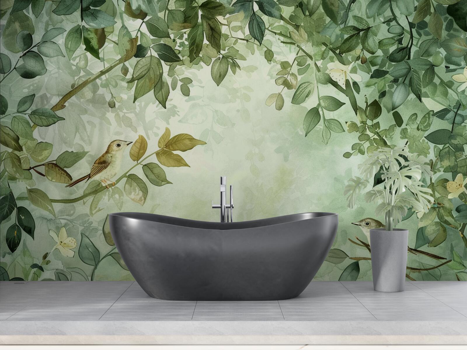 Fototapet păsări printre frunzele verzi ale copacilor