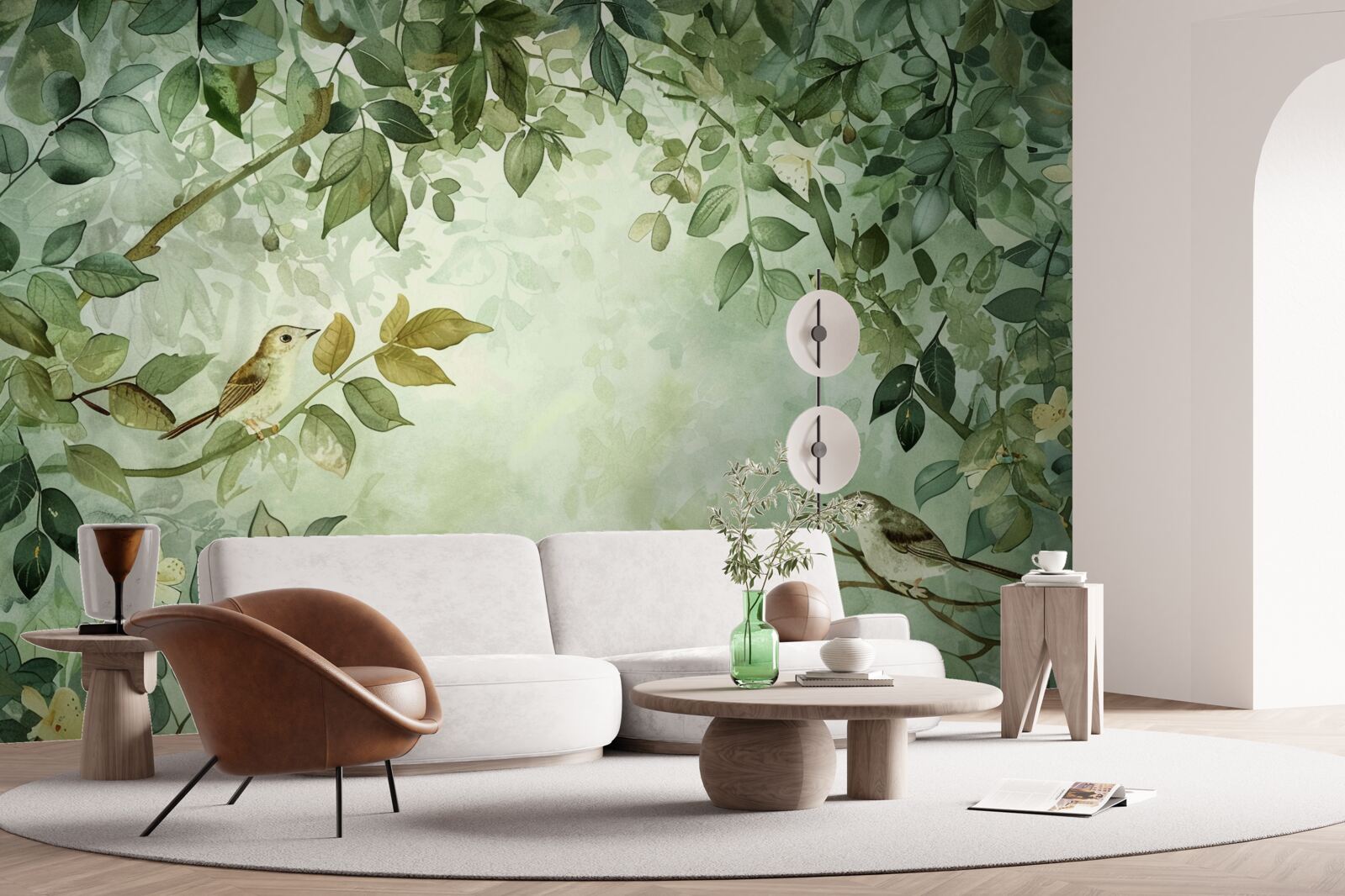 Fototapet păsări printre frunzele verzi ale copacilor