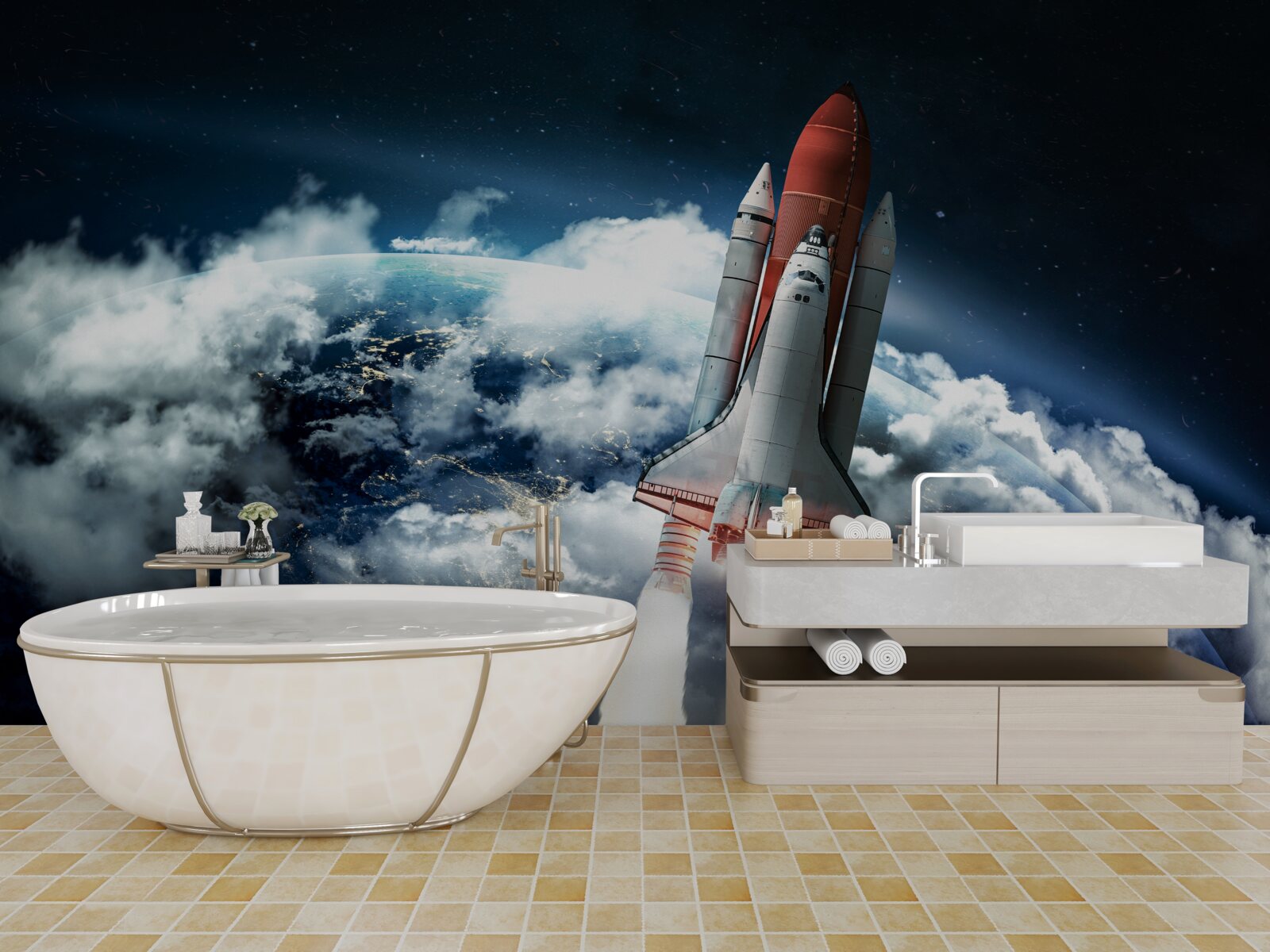 Fototapet navă spațială pe traiectorie orbitală