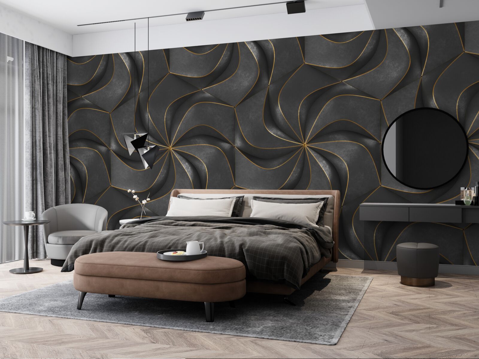 Fototapet modele 3d întunecate cu accente aurii