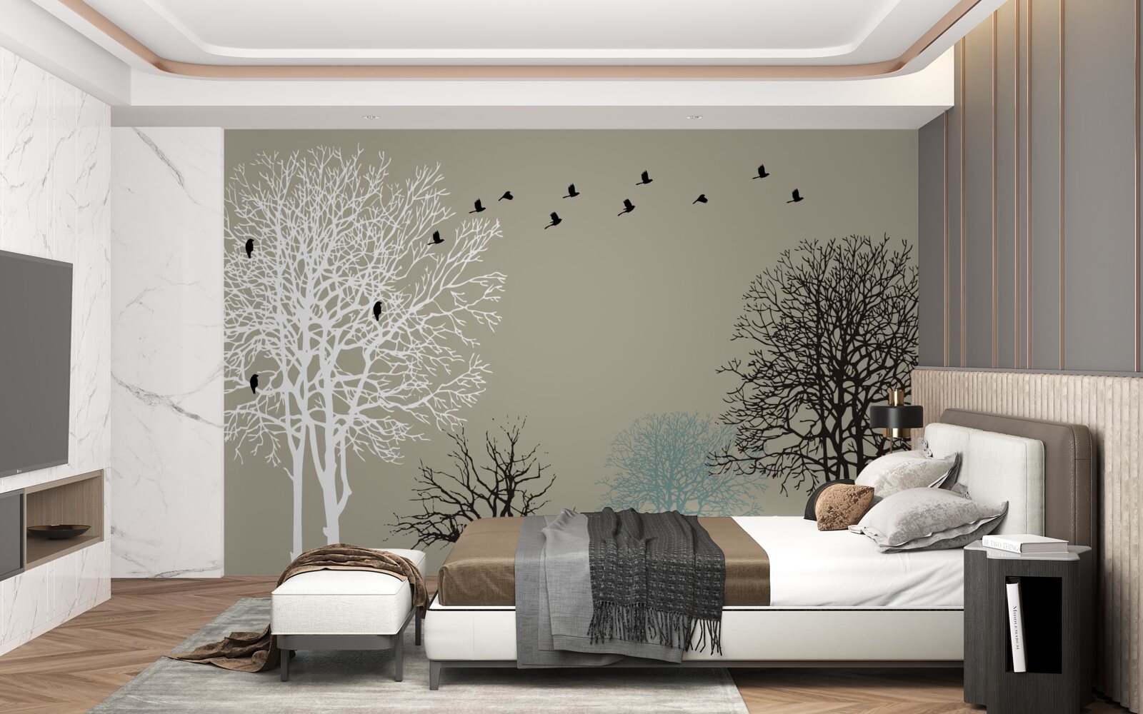 Fototapet păsările zboară deasupra vârfurilor copacilor