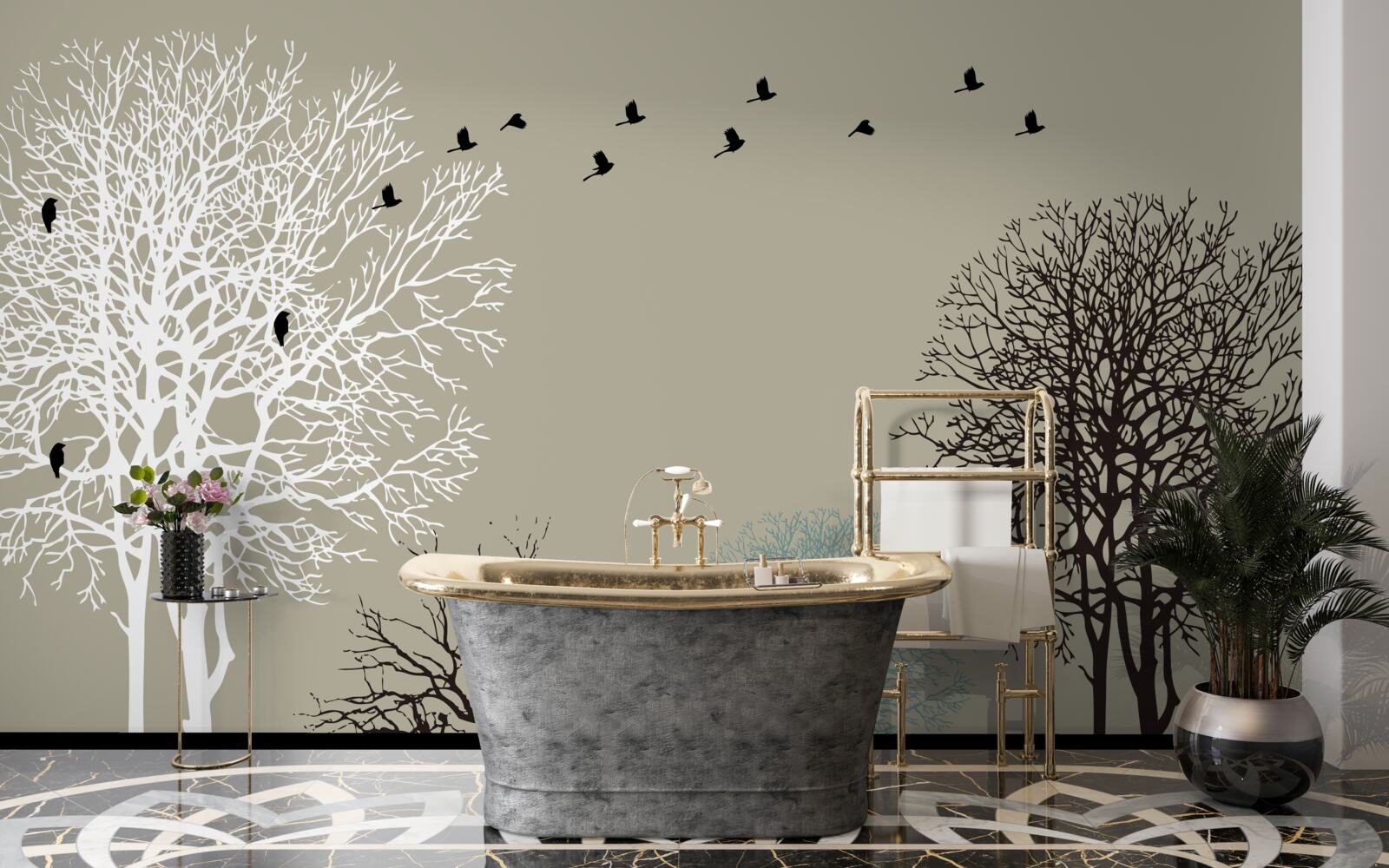 Fototapet păsările zboară deasupra vârfurilor copacilor