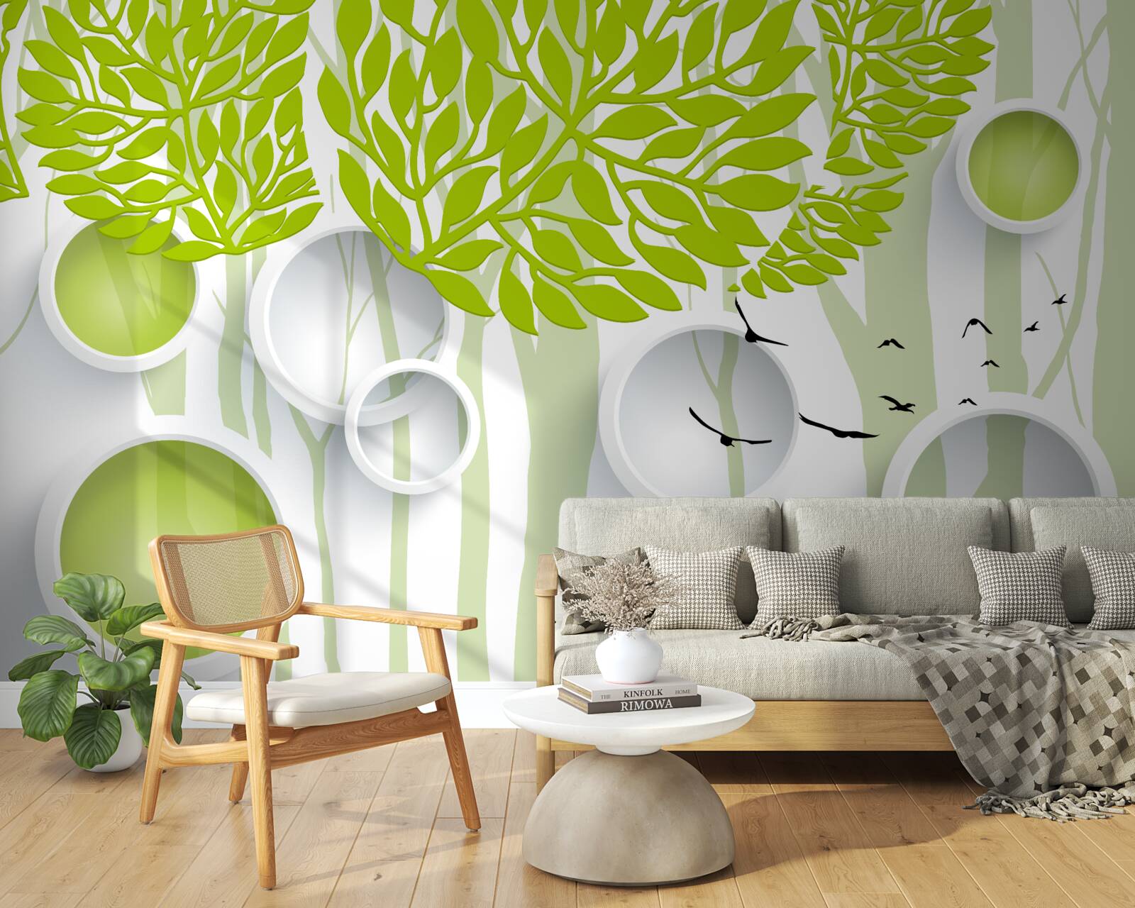 Fototapet imagine abstractă a copacilor de primăvară cu culoare verde deschis