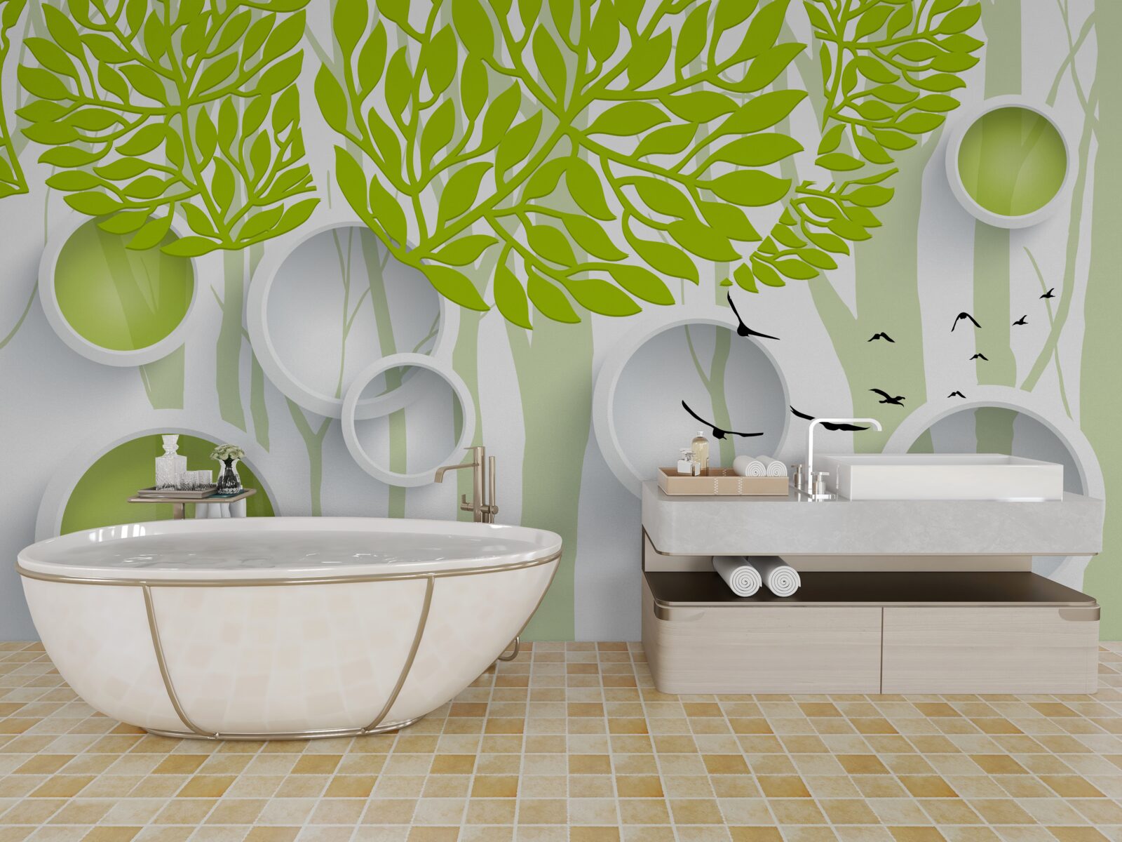 Fototapet imagine abstractă a copacilor de primăvară cu culoare verde deschis