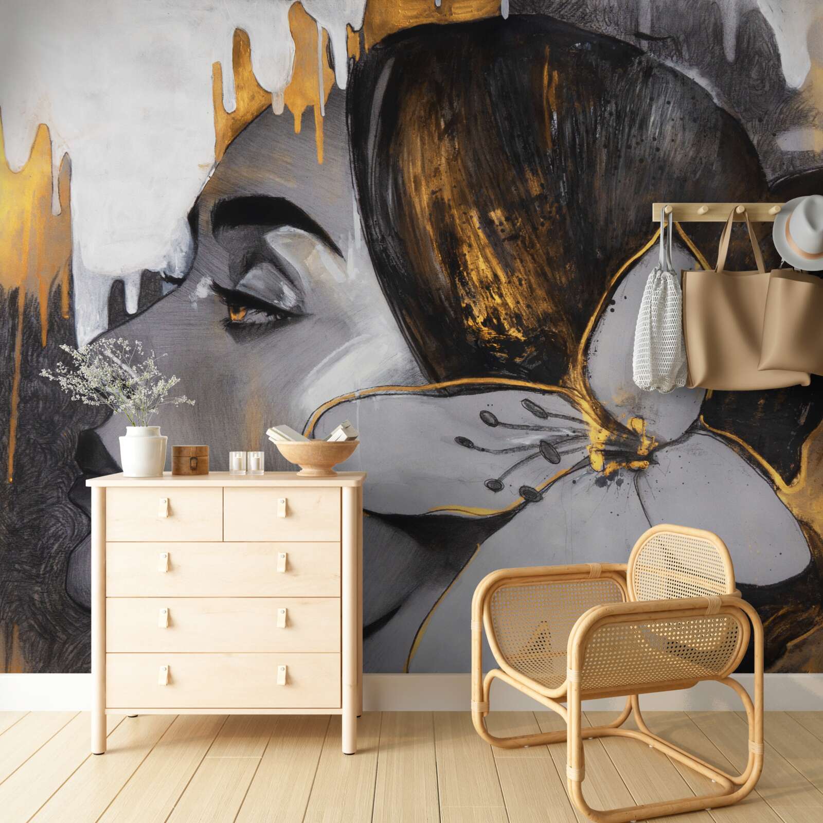 Fototapet figurină din bronz a unei fete cu o floare