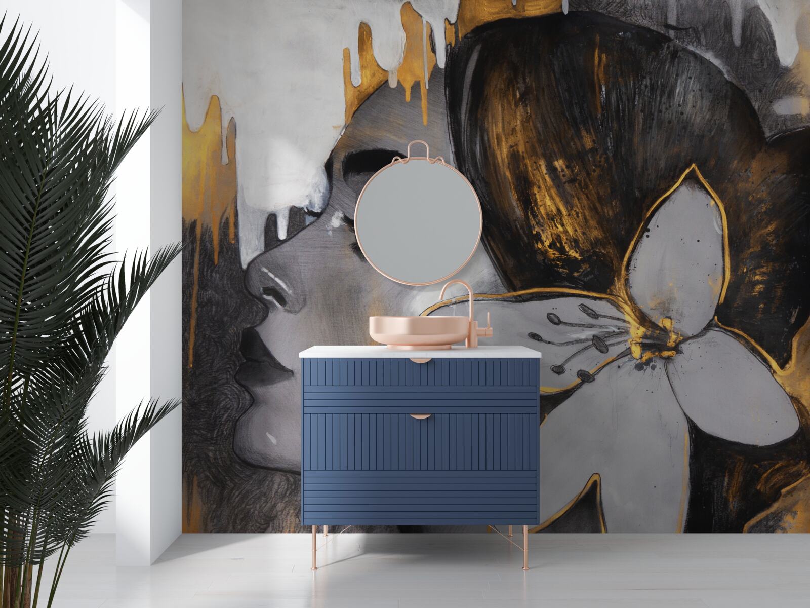 Fototapet figurină din bronz a unei fete cu o floare