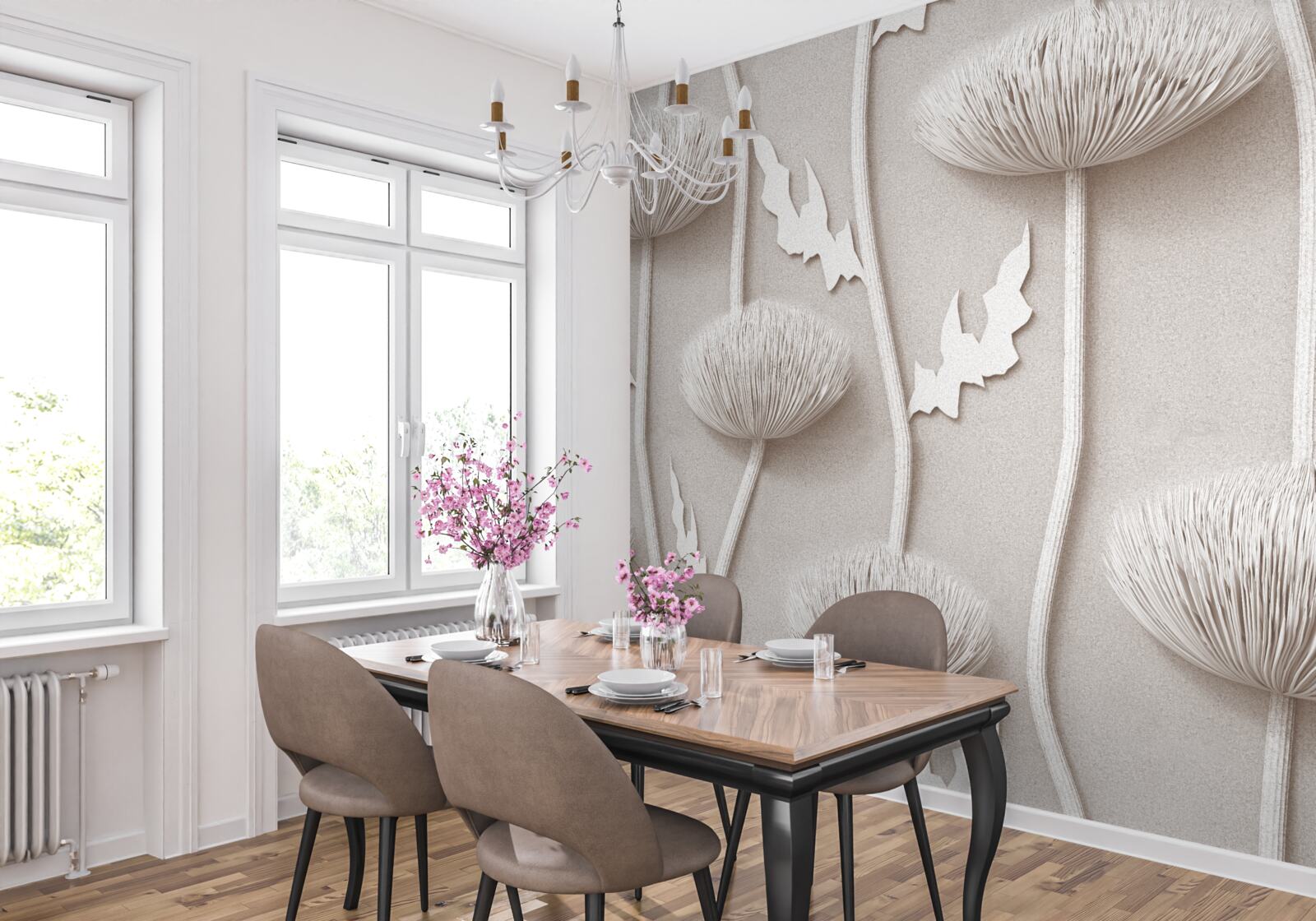 Fototapet flori albe, subțiri, cu o textură pufoasă