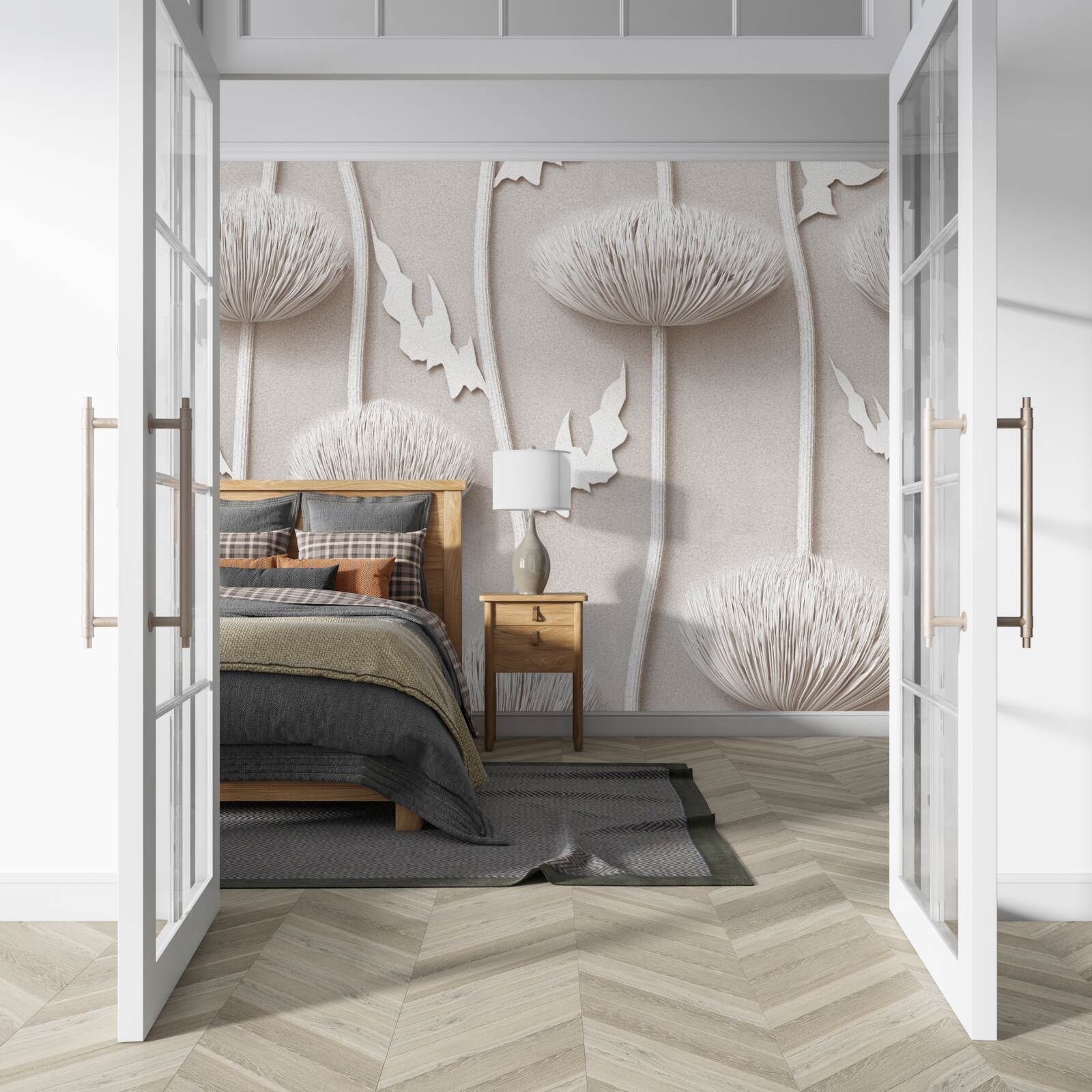 Fototapet flori albe, subțiri, cu o textură pufoasă