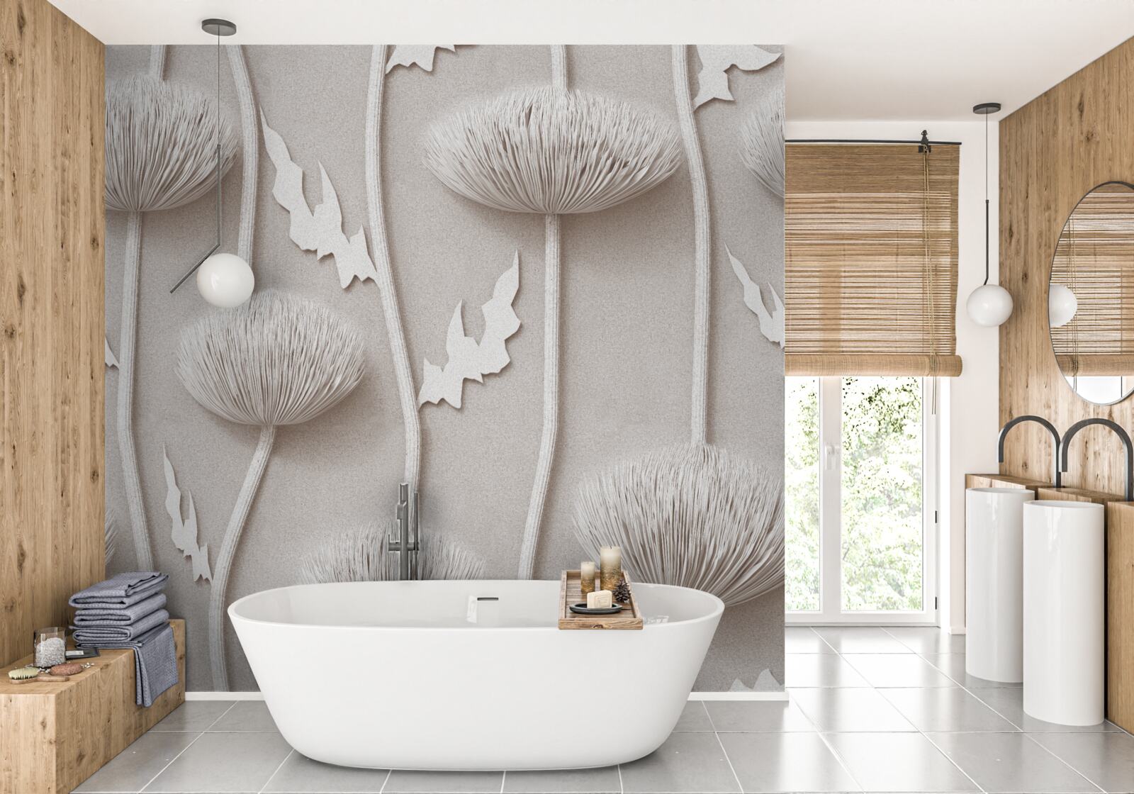 Fototapet flori albe, subțiri, cu o textură pufoasă