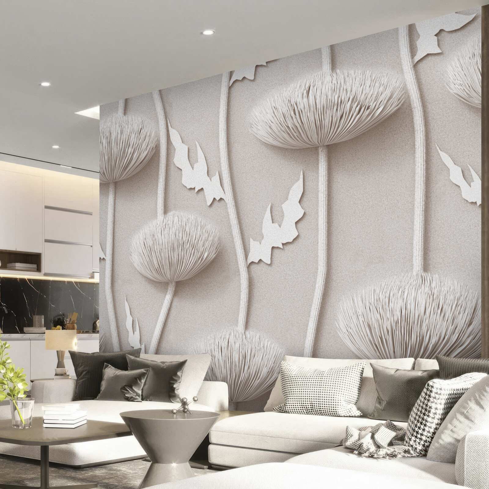 Fototapet flori albe, subțiri, cu o textură pufoasă