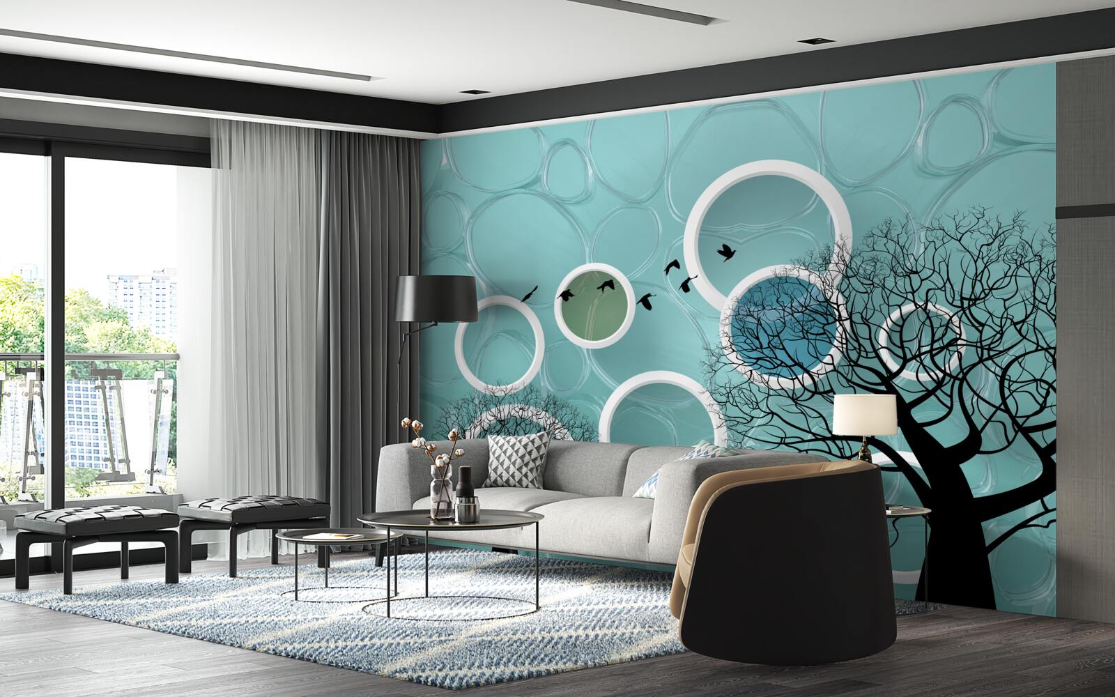 Fototapet cercuri turcoaz și copaci