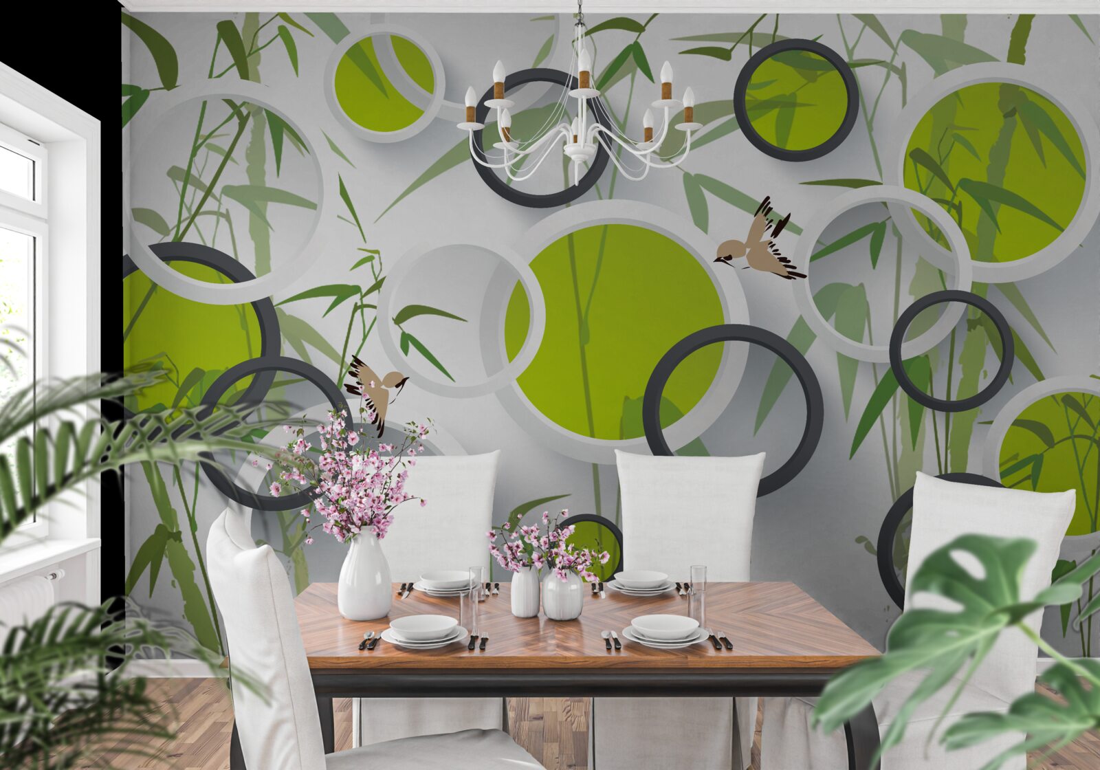 Fototapet cercuri pe plante și păsări