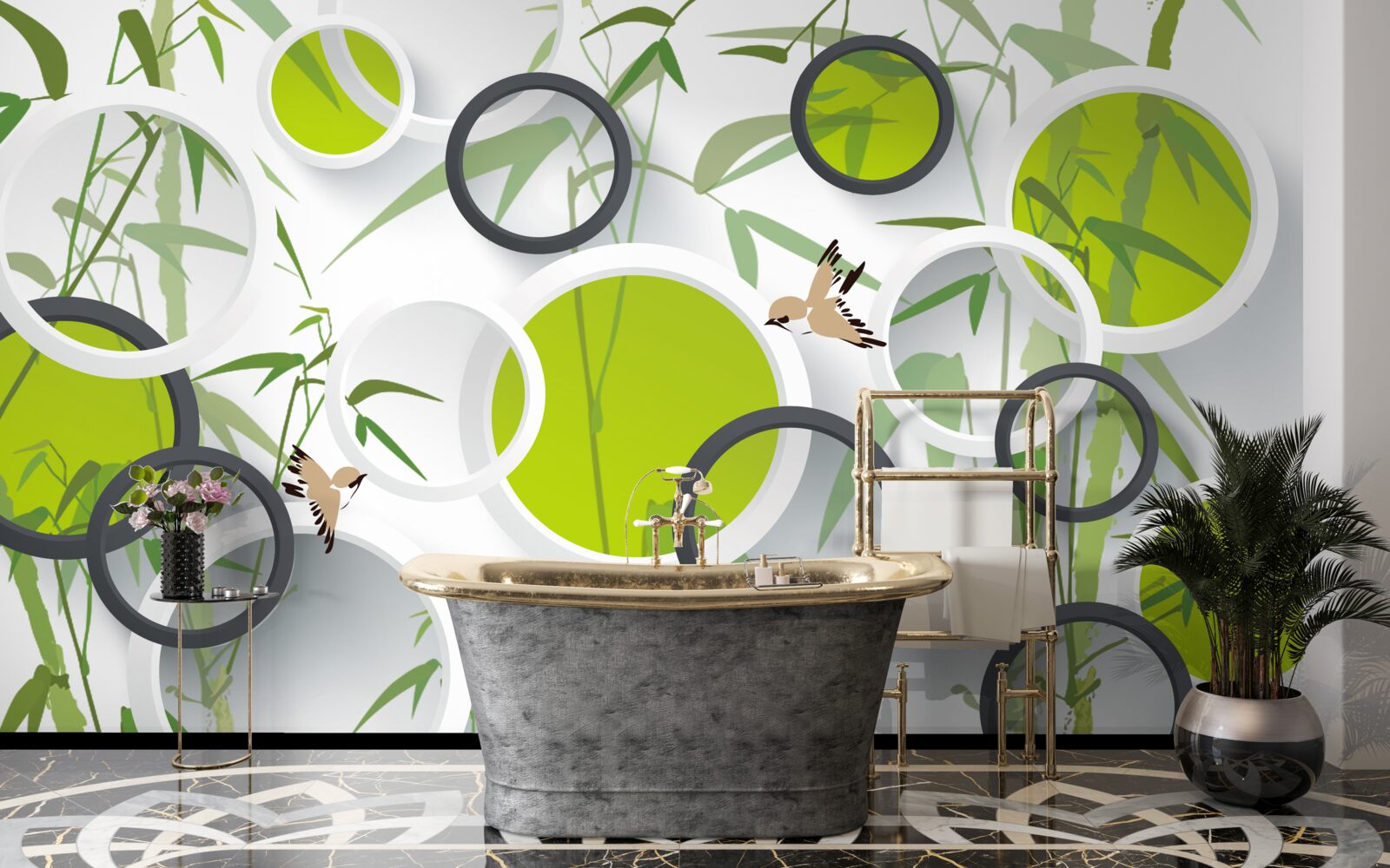 Fototapet cercuri pe plante și păsări