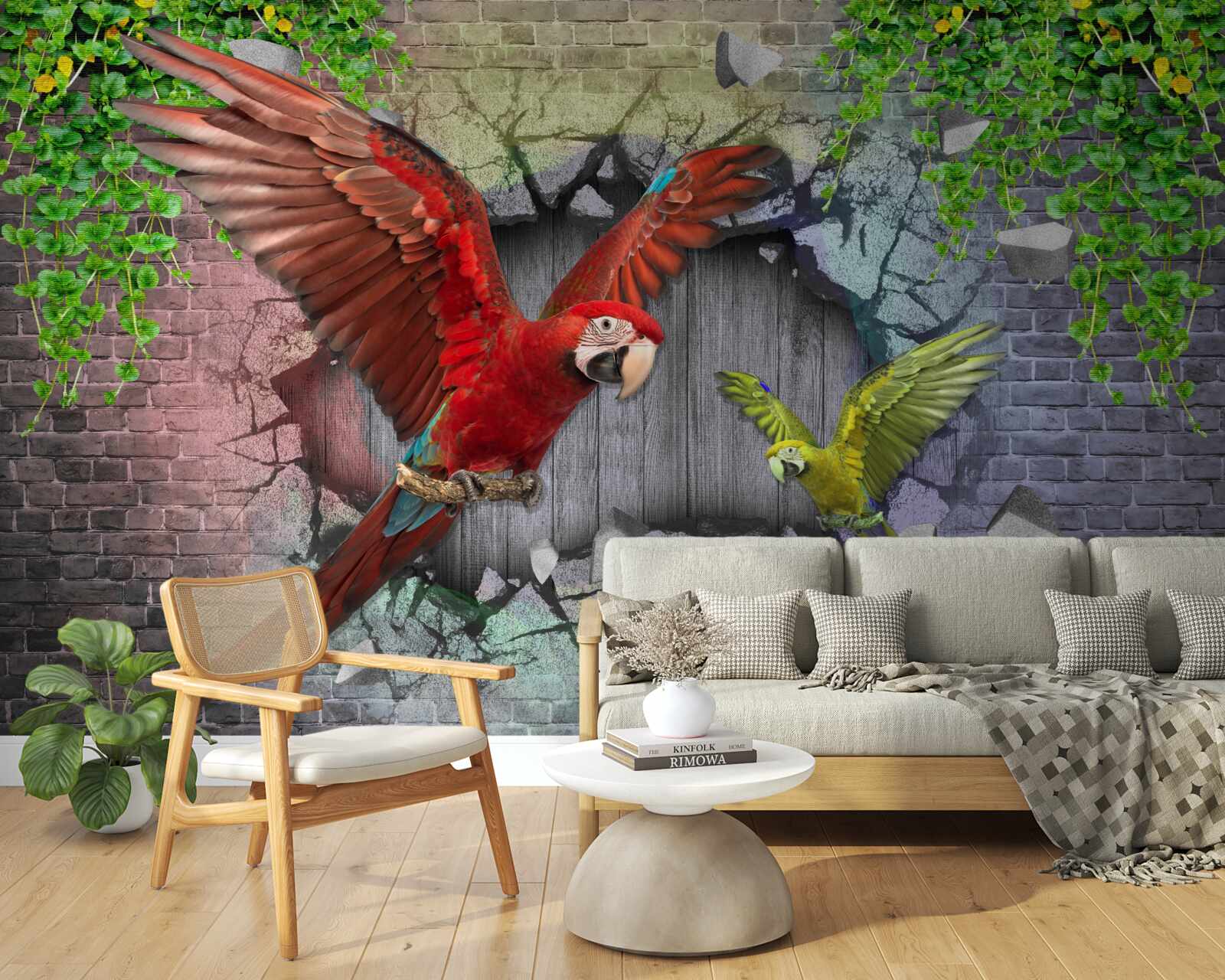 Fototapet papagalii trec prin perete