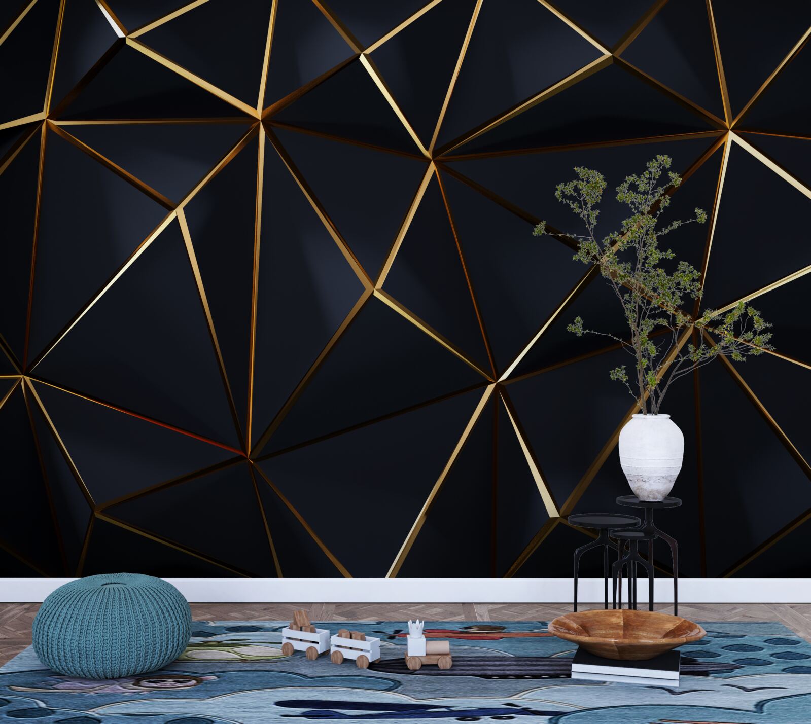 Fototapet triunghiuri aurii cu accente negre