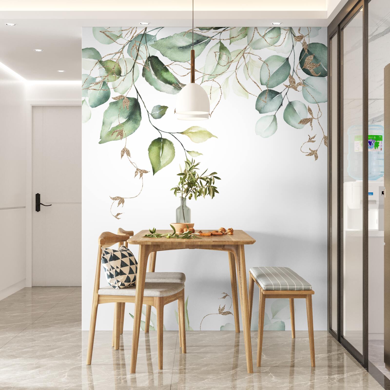 Fototapet Acuarelă cu frunze verzi pe un fundal alb