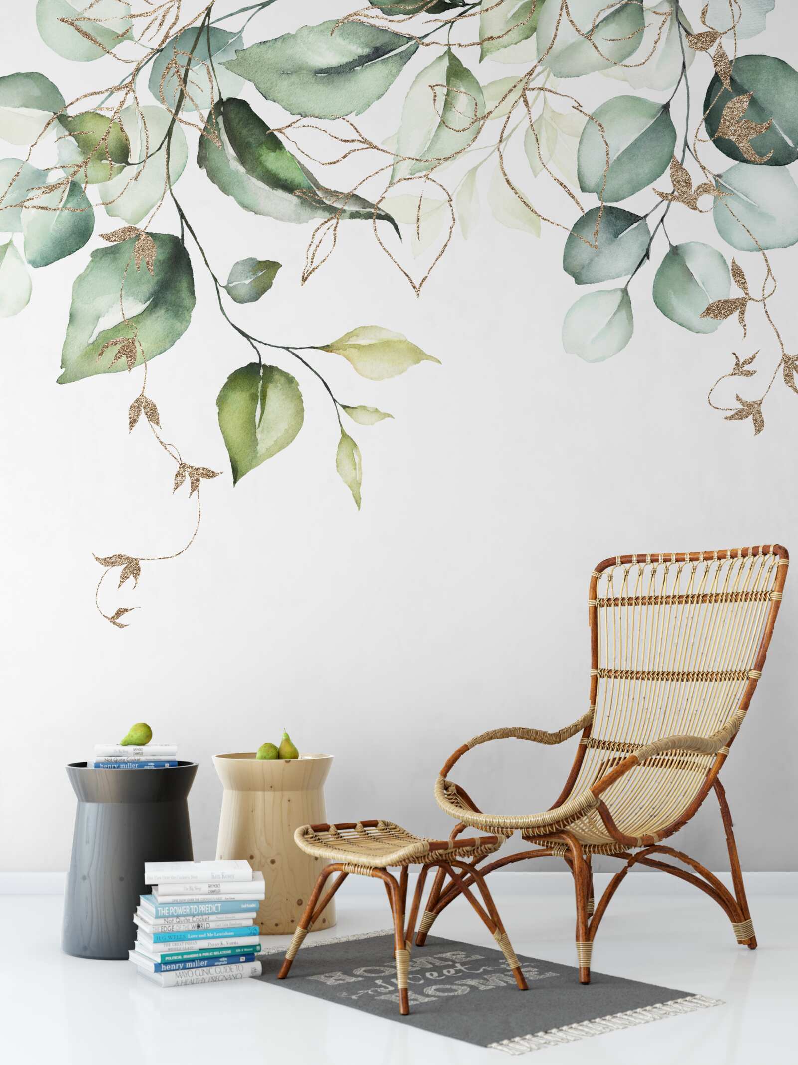 Fototapet Acuarelă cu frunze verzi pe un fundal alb